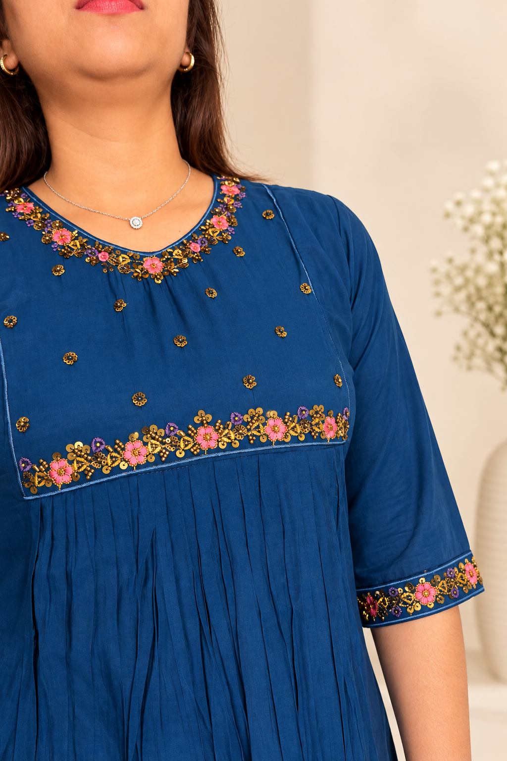 Navy mul Chanderi co-ord set with hand-embroidered detailing. Lightweight traditional Indian kurta.