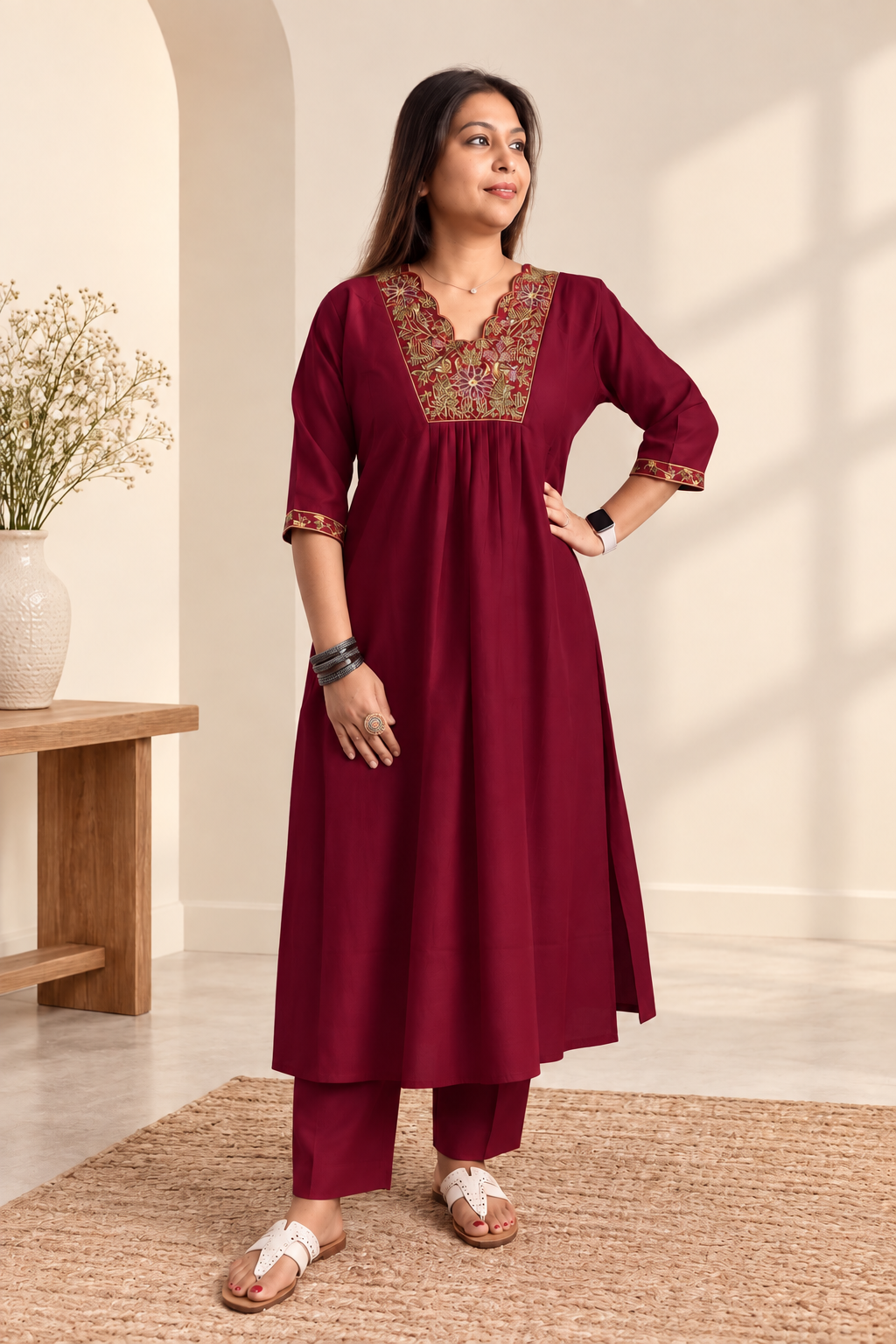 Maroon mul co-ord set with hand-embroidered zardosi gold threadwork. Traditional Indian elegant coordinate.