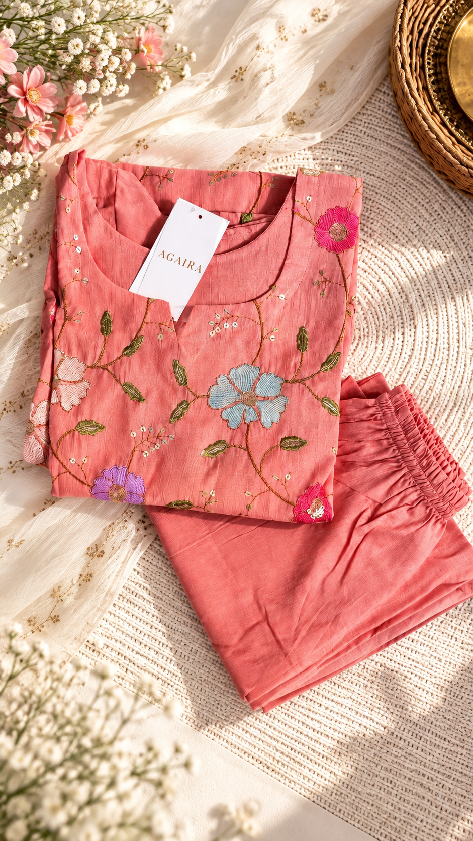 Coral cotton co-ord with hand-painted floral and bird motifs. Artisan coordinate set.