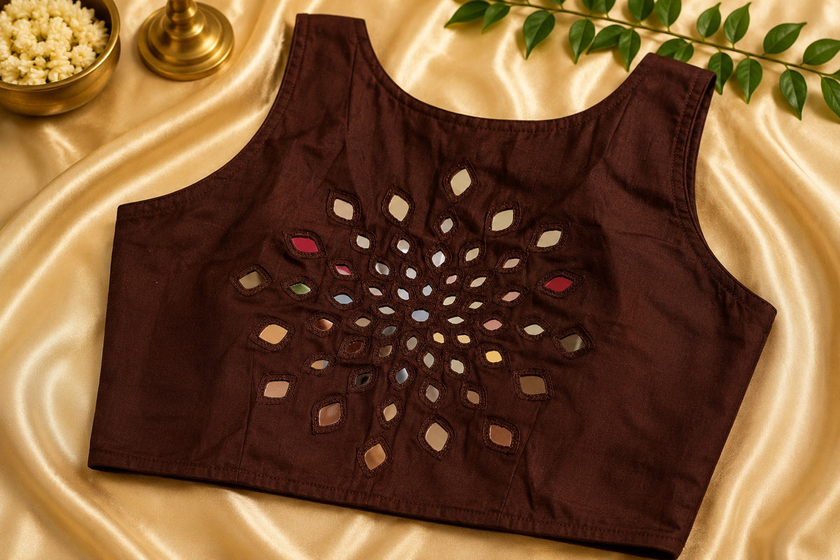 Mustard yellow Abhla Bharat mirror work padded sleeveless blouse. Festival party wear saree blouse.