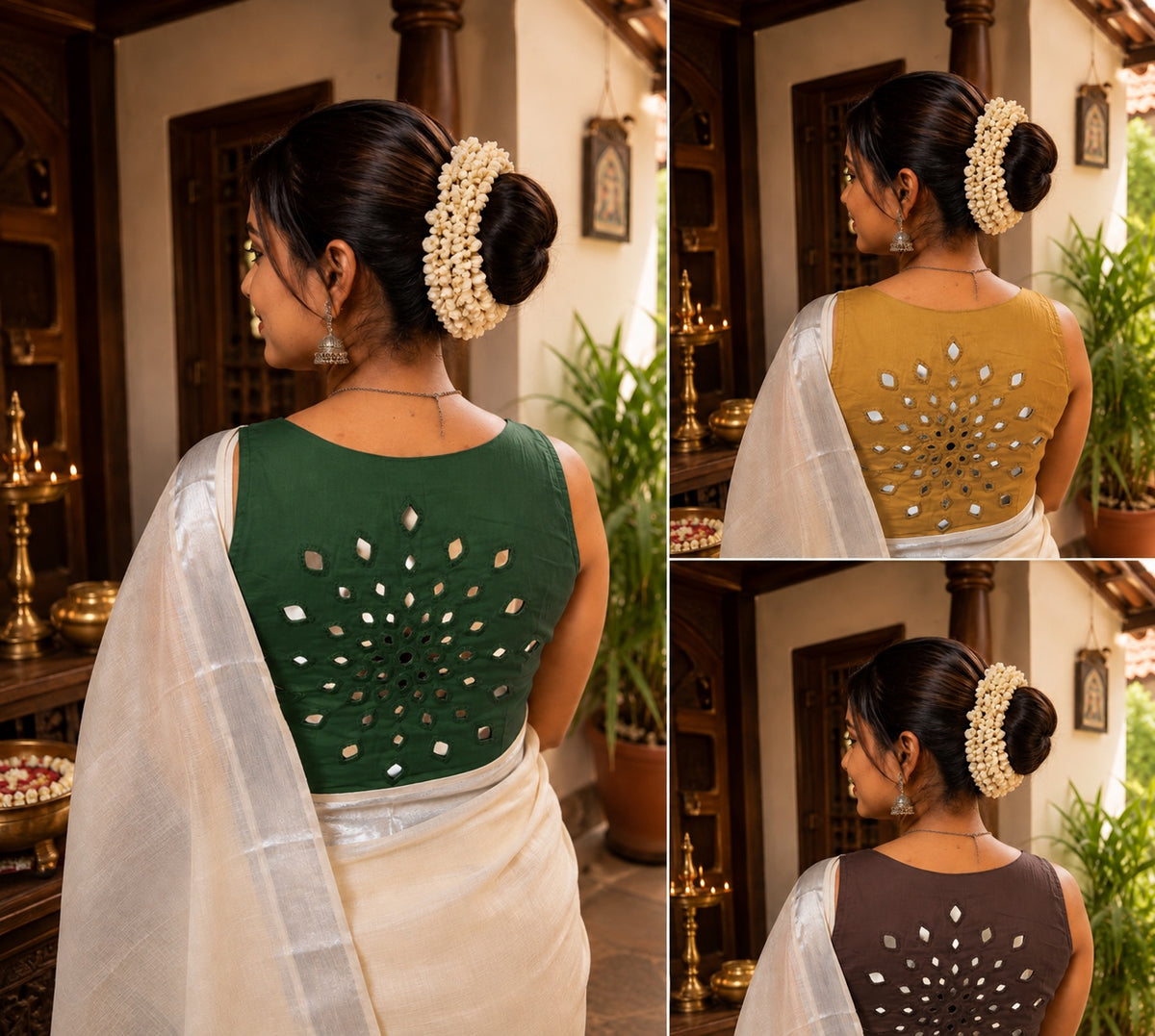 Mustard yellow Abhla Bharat mirror work padded sleeveless blouse. Festival party wear saree blouse.