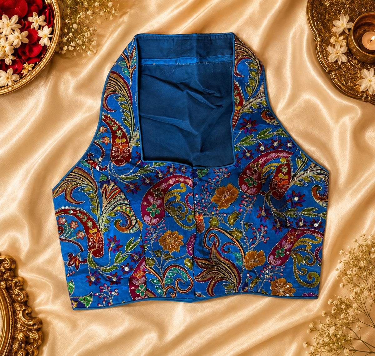 Firozi turquoise halter neck blouse with heavy zari and embroidery work