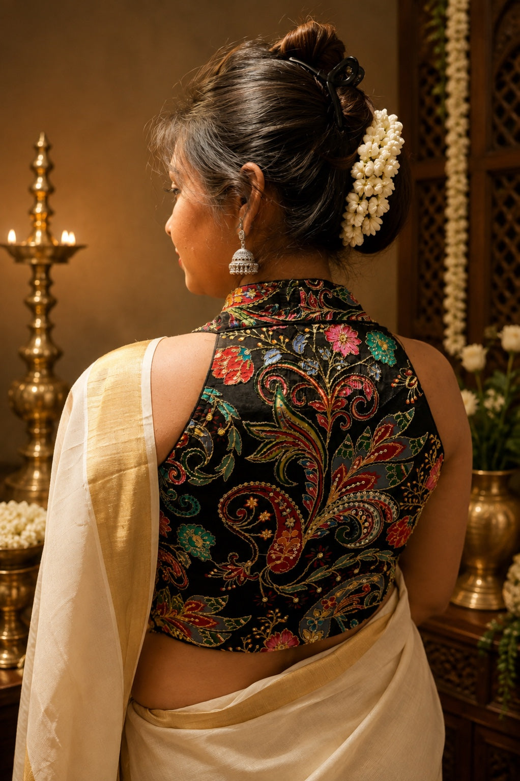 Firozi turquoise halter neck blouse back styled with saree