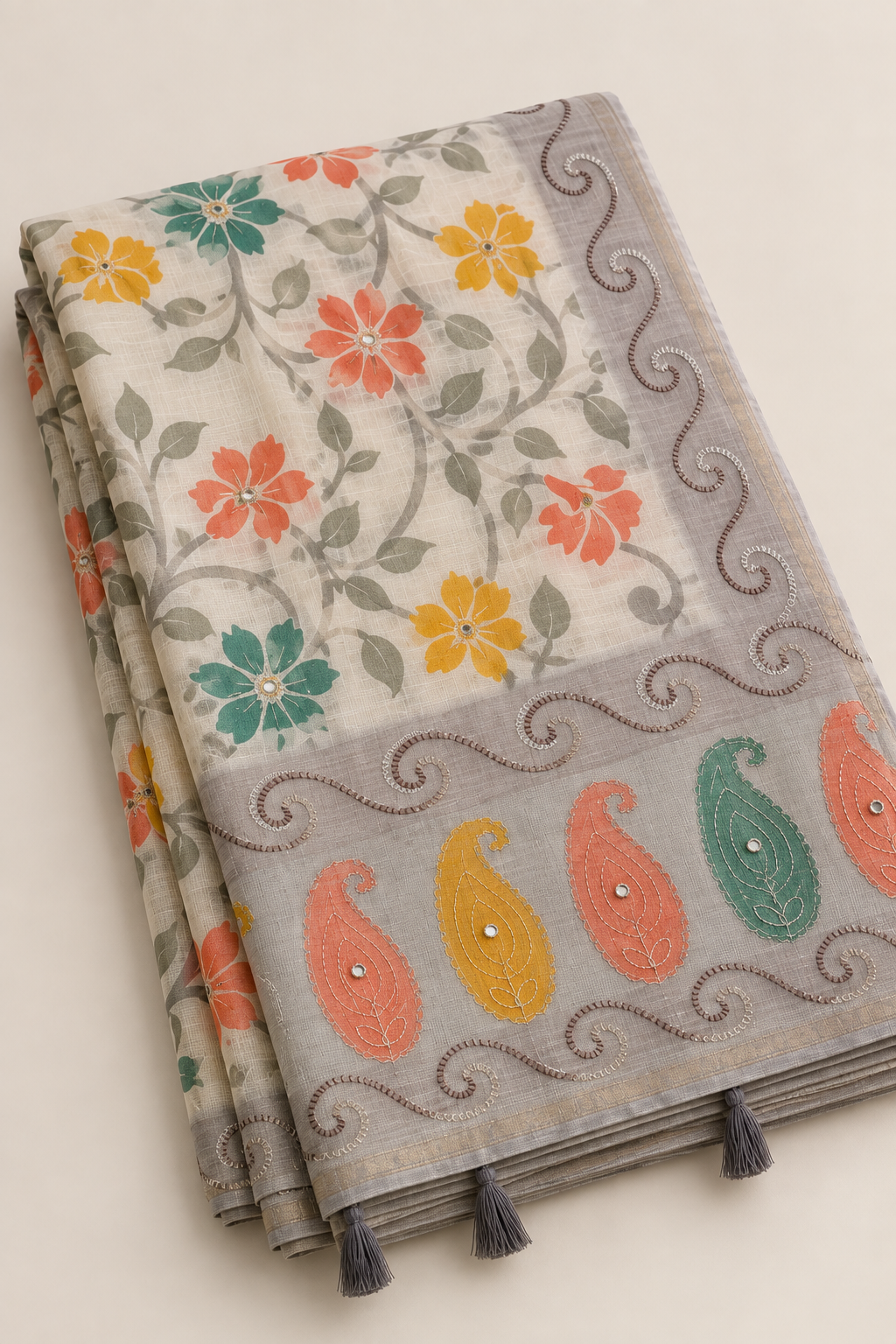 Floral Katha work cotton saree