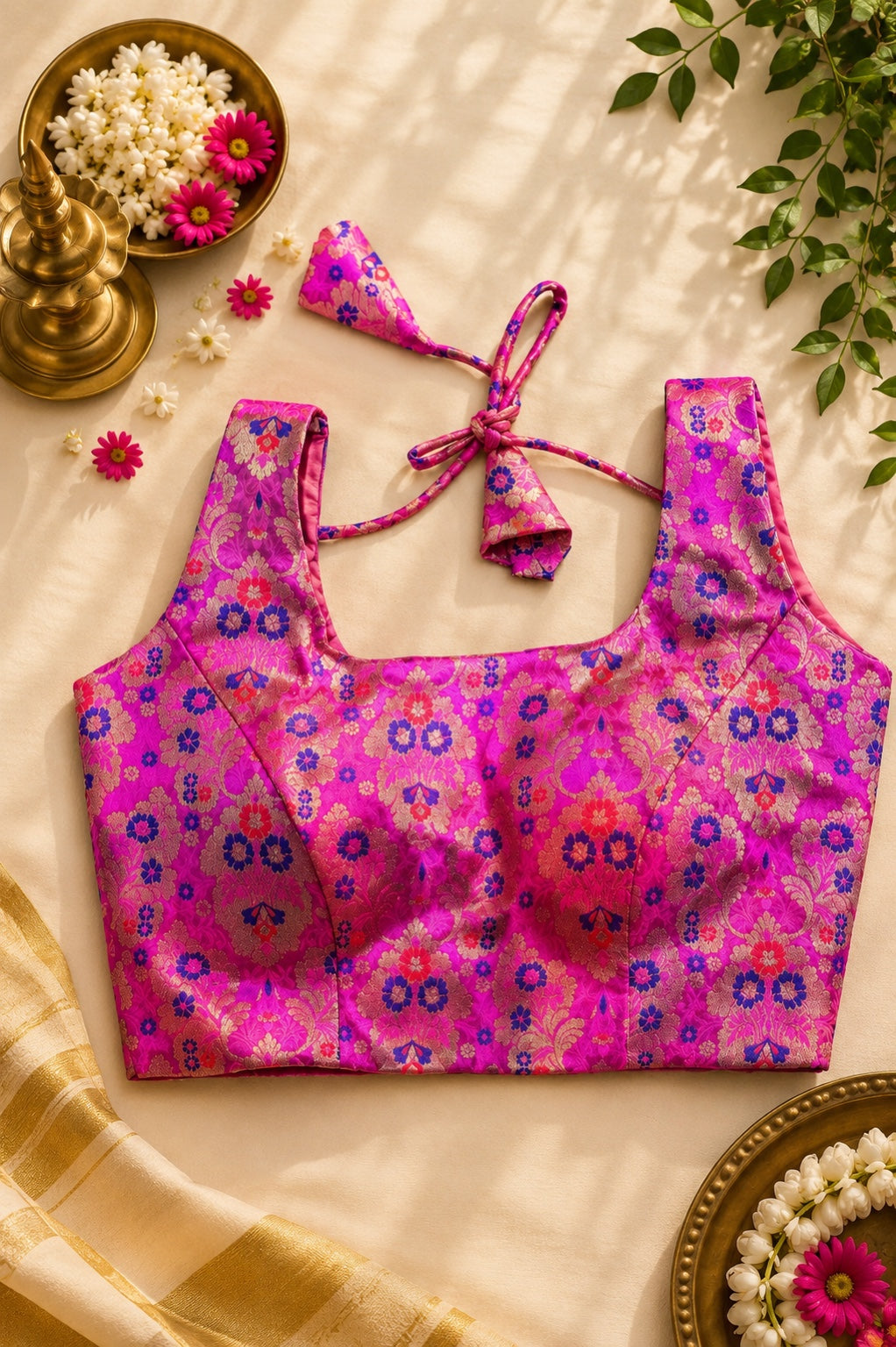 Rani pink Jacquard Banarasi silk backless blouse