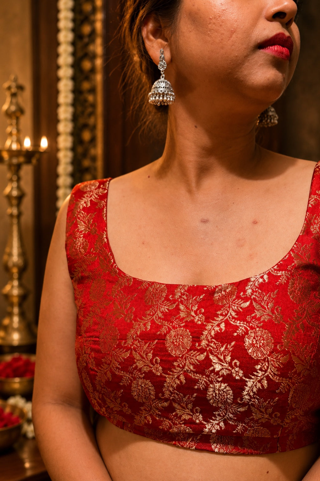 Royal red Jacquard Banarasi silk blouse worn with saree