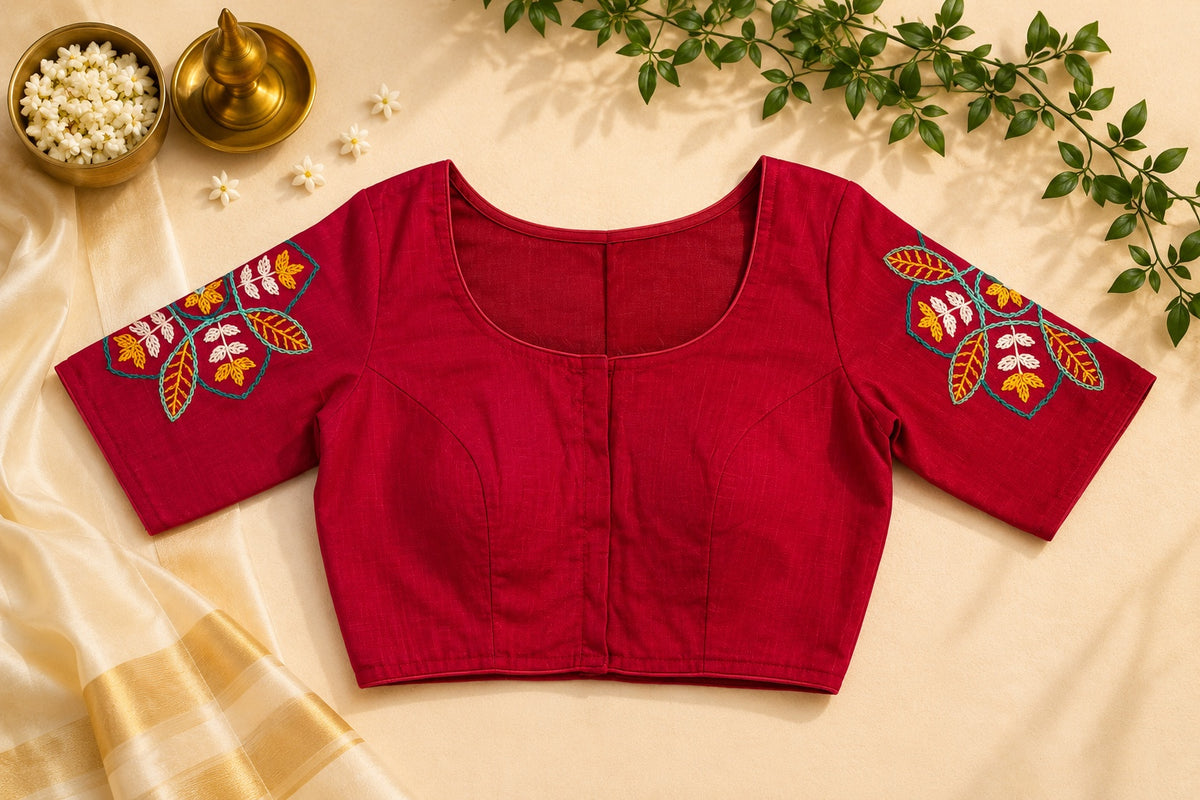 Maroon cotton blouse back view with embroidered sleeves