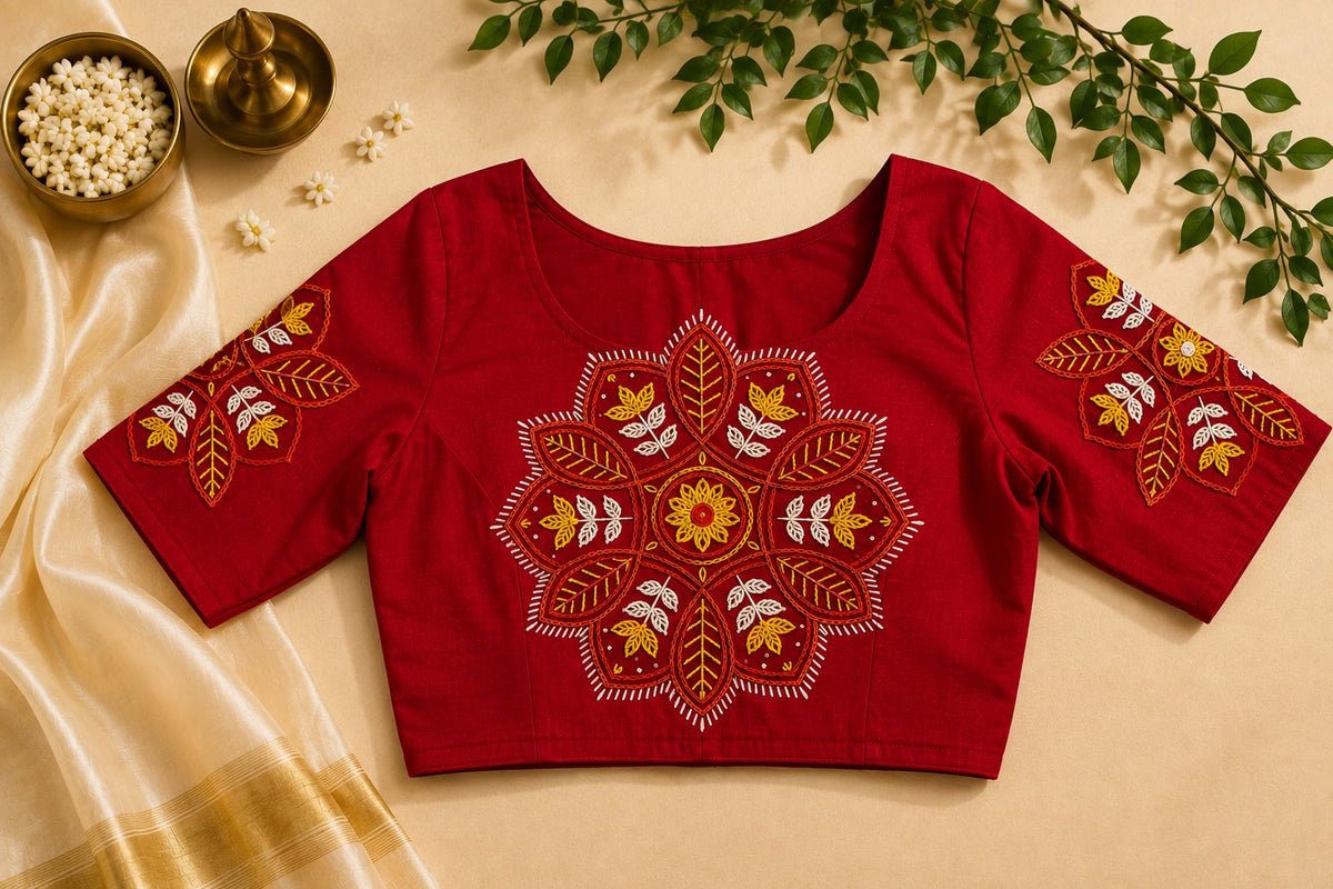 Maroon cotton blouse with central mandala embroidery
