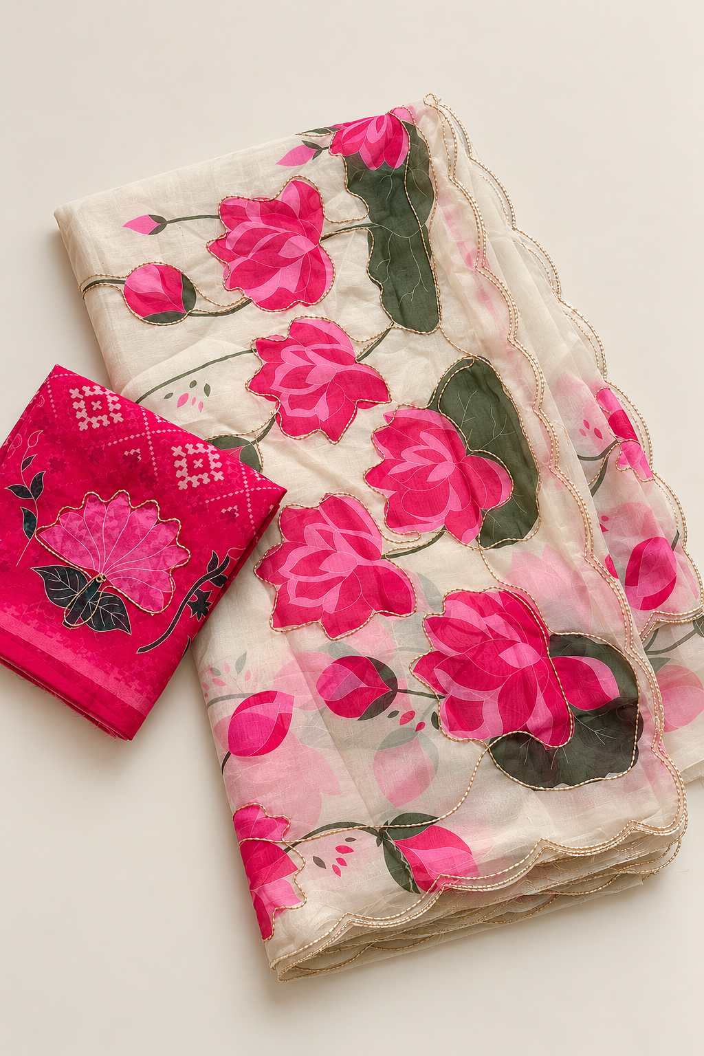 Pink floral printed soft silk saree with matching blouse