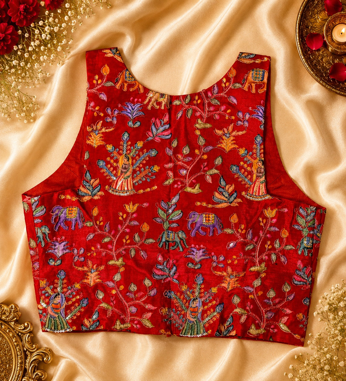 Red sleeveless blouse back view with Aari hand embroidery