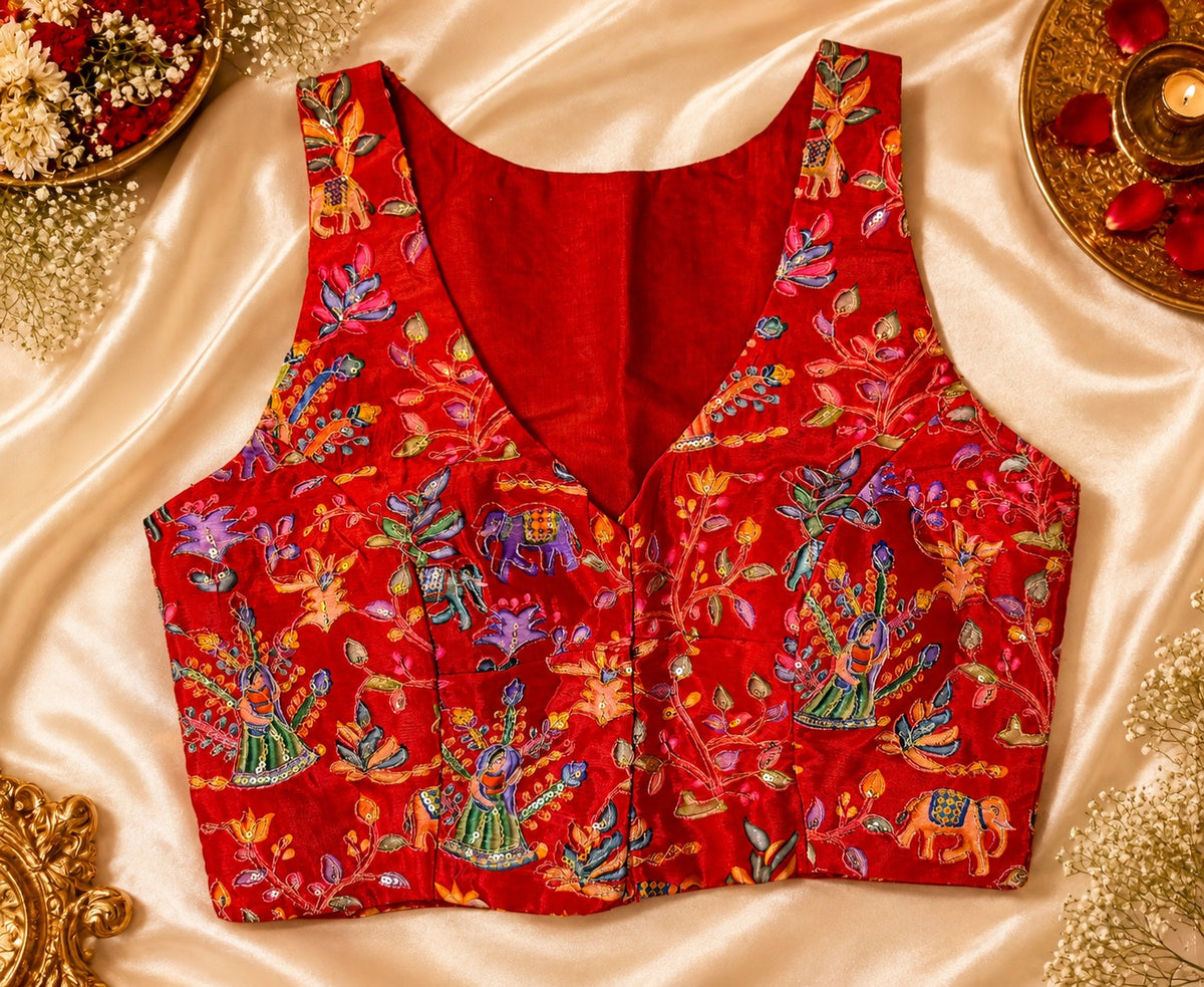 Red sleeveless V neck blouse with Aari hand embroidery
