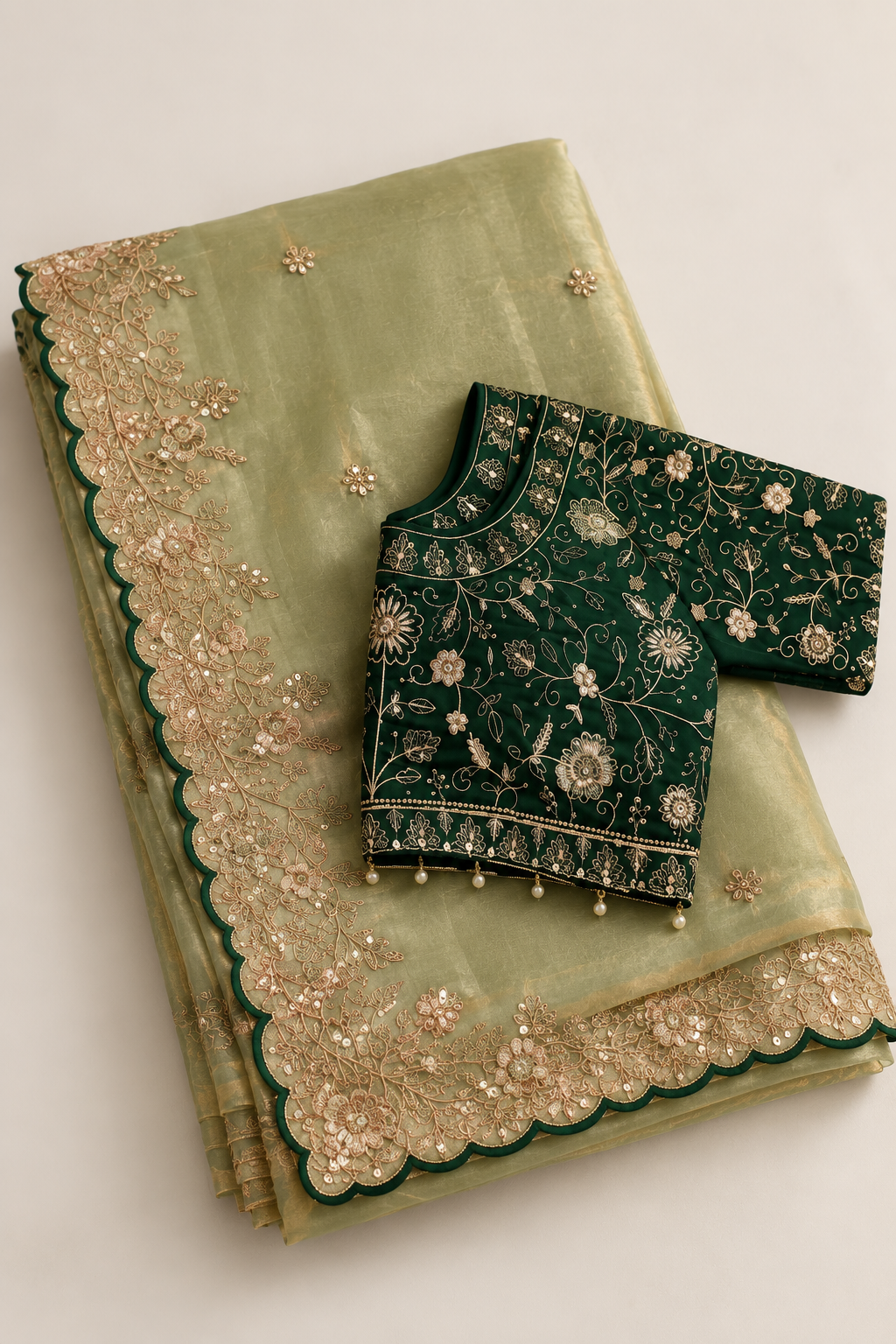 Sage green embroidered soft silk saree with embellished blouse