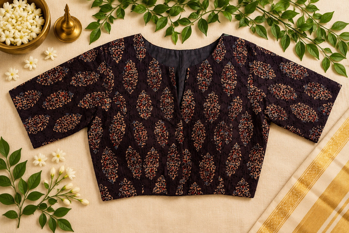 Ajrak black Kalamkari butta padded blouse