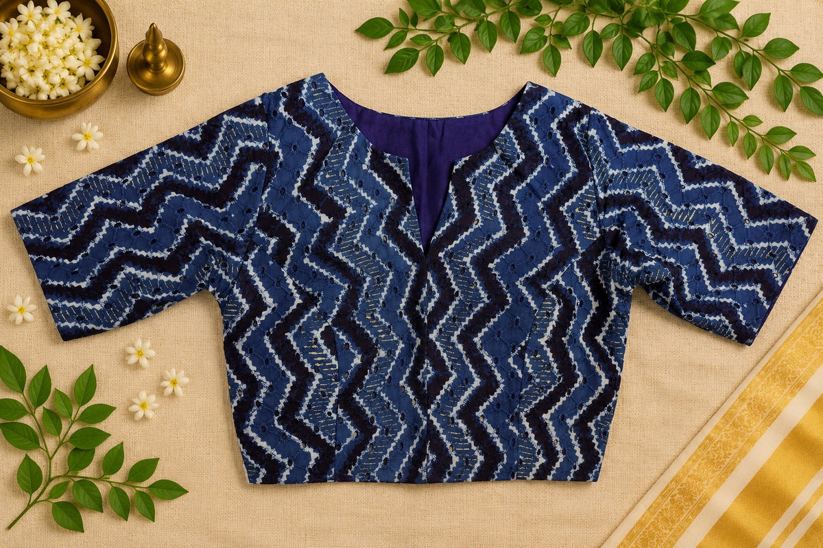 Ajrak blue chevron pattern padded blouse
