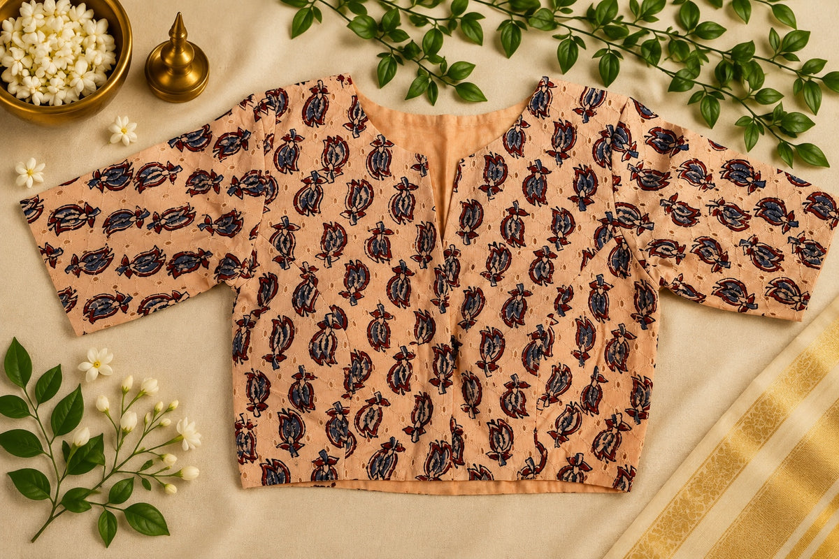 Ajrak Hakoba cotton padded blouse with cutwork eyelet pattern