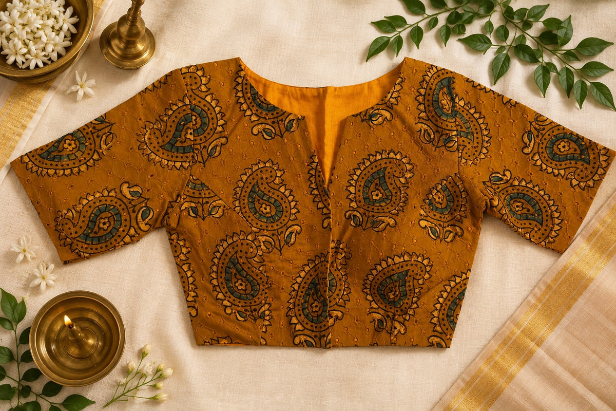 Mustard yellow Ajrak Hakoba padded blouse with teal and olive motifs. Warm-toned traditional saree blouse.