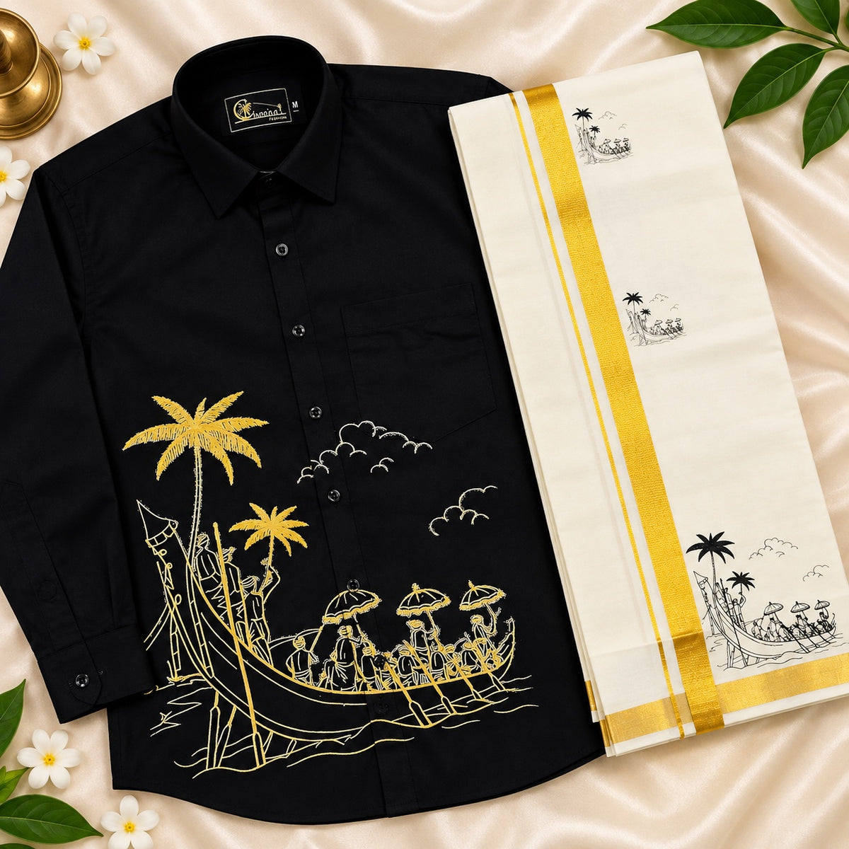 Black digital print shirt with kasavu dhoti. Traditional Kerala Onam menswear for men.
