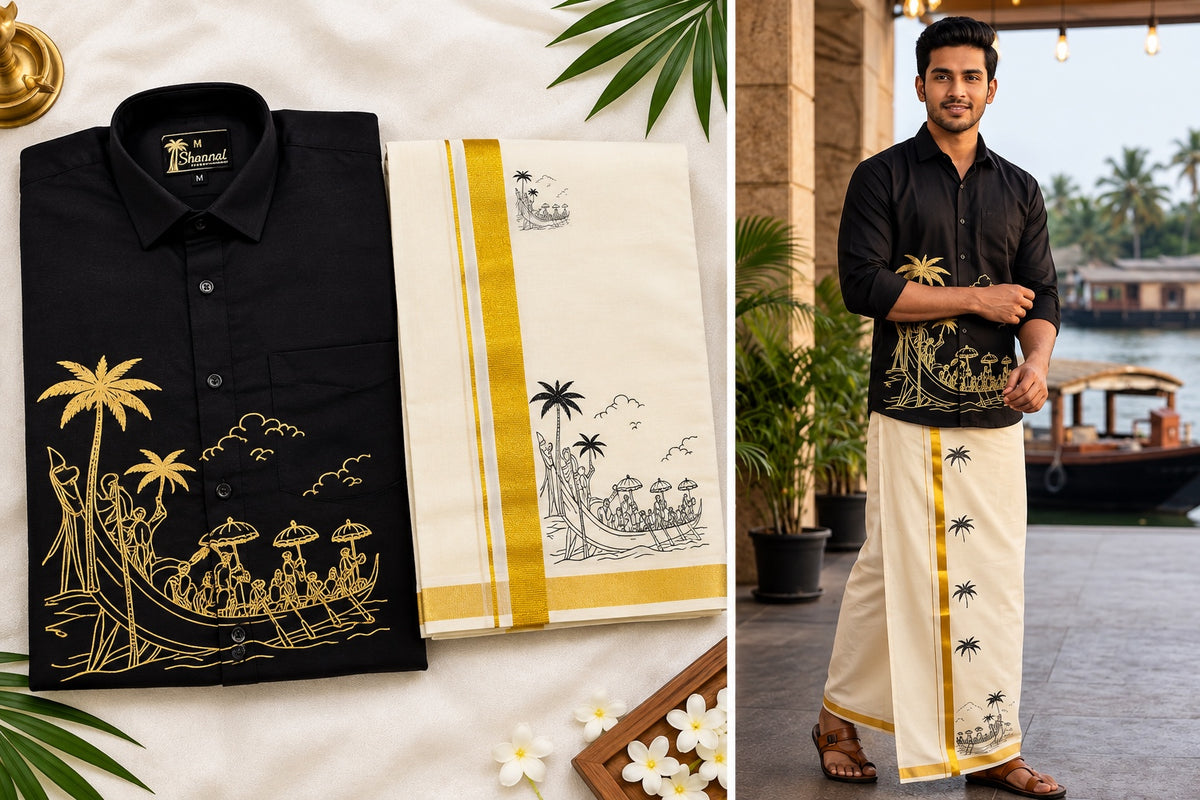 Black digital print shirt with kasavu dhoti. Traditional Kerala Onam menswear for men.
