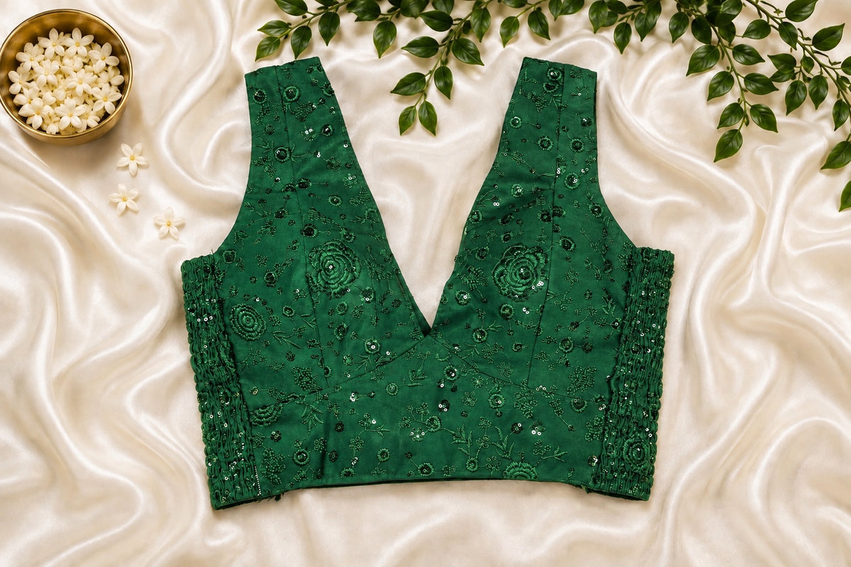 Emerald green embroidered designer blouse
