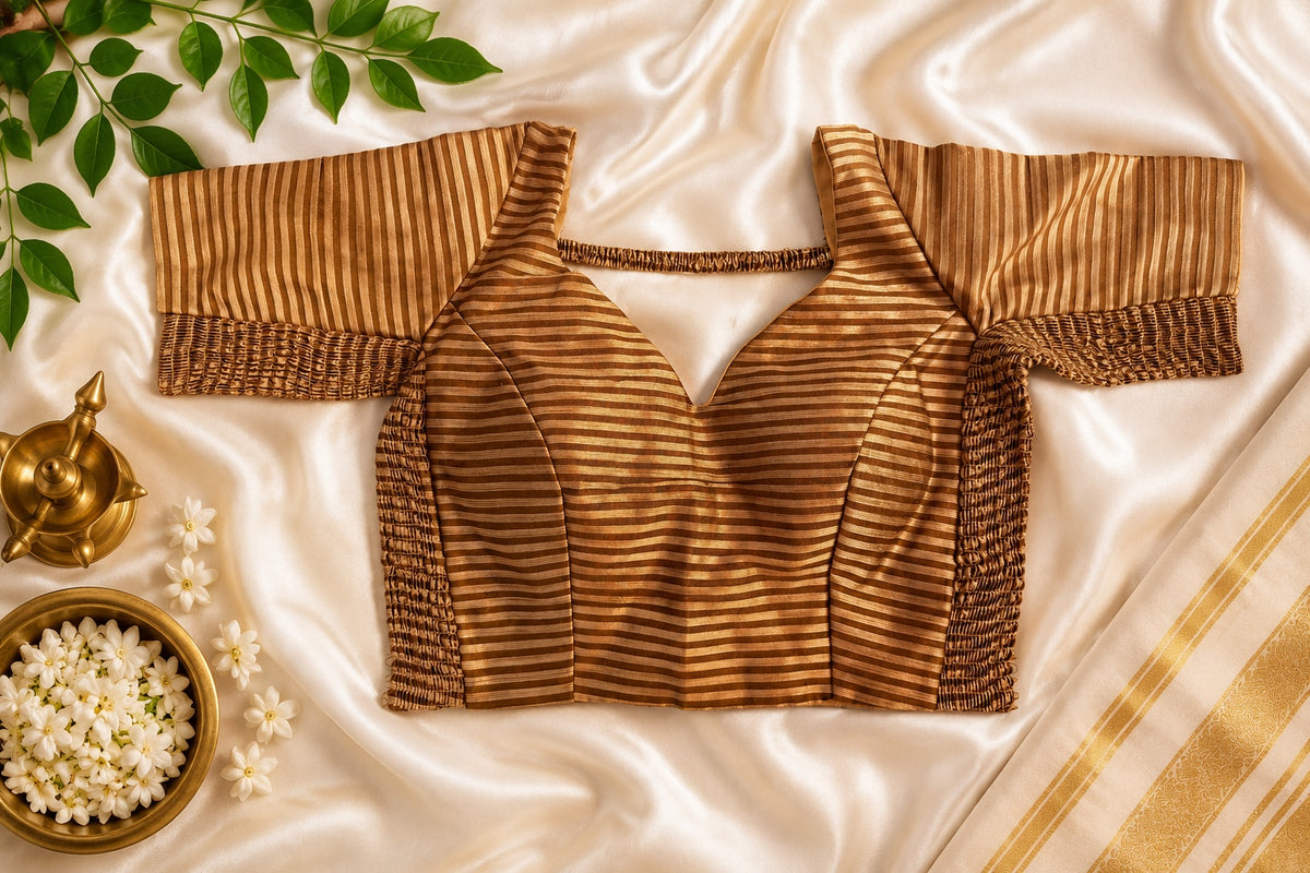 Gold and beige striped zari padded blouse. Elegant silk-blend striped saree blouse.