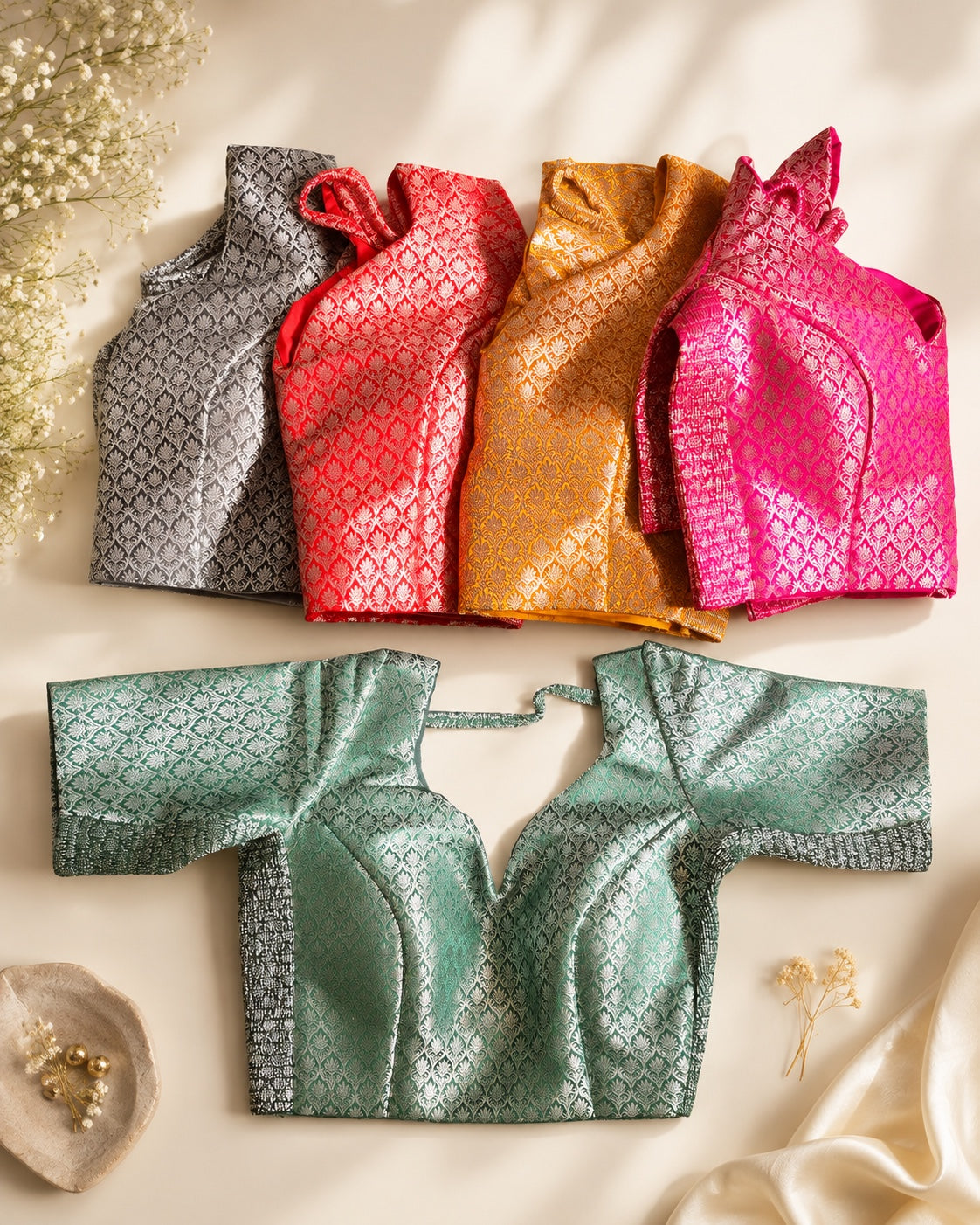 Metallic green brocade jacquard padded blouse with floral-leaf zari motif. Sophisticated saree blouse.