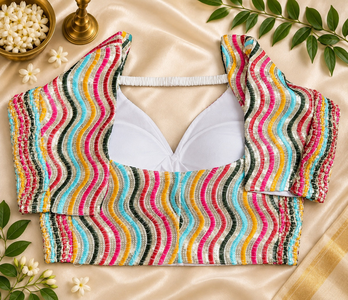 Teal multicolor chamki sequin wave blouse. Festive Indian saree blouse with vibrant sequin embroidery.