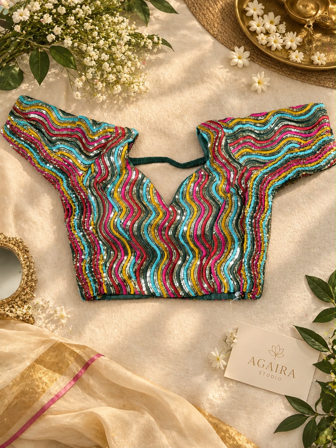 Teal multicolor chamki sequin wave blouse. Festive Indian saree blouse with vibrant sequin embroidery.