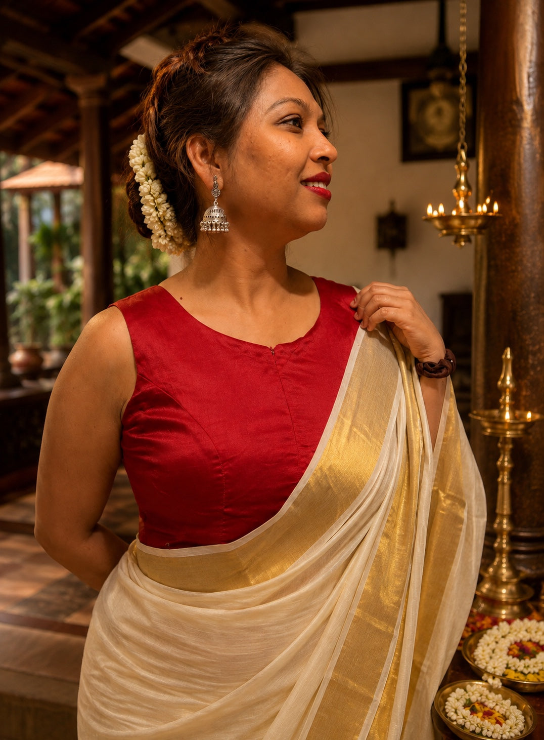 Crimson red padded saree blouse styled on model