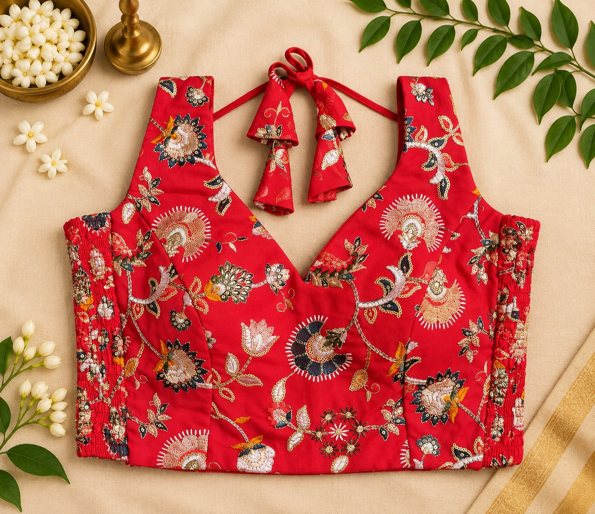Red embroidered bustier blouse with deep V-neckline and back tie-up tassels. Premium designer saree blouse.