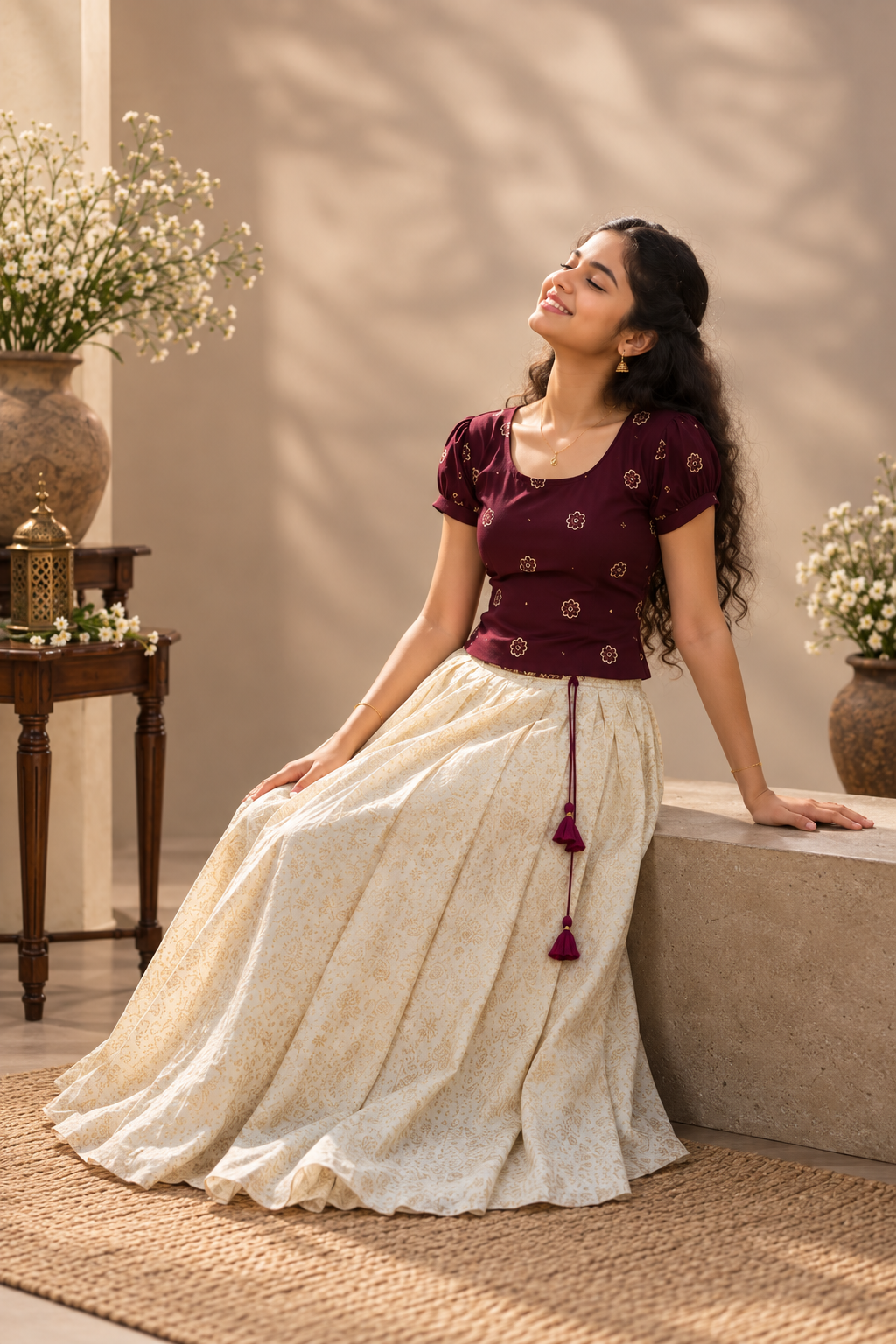 Maroon Vichithra stitched top and skirt set. Kids festive ethnic wear for celebrations.